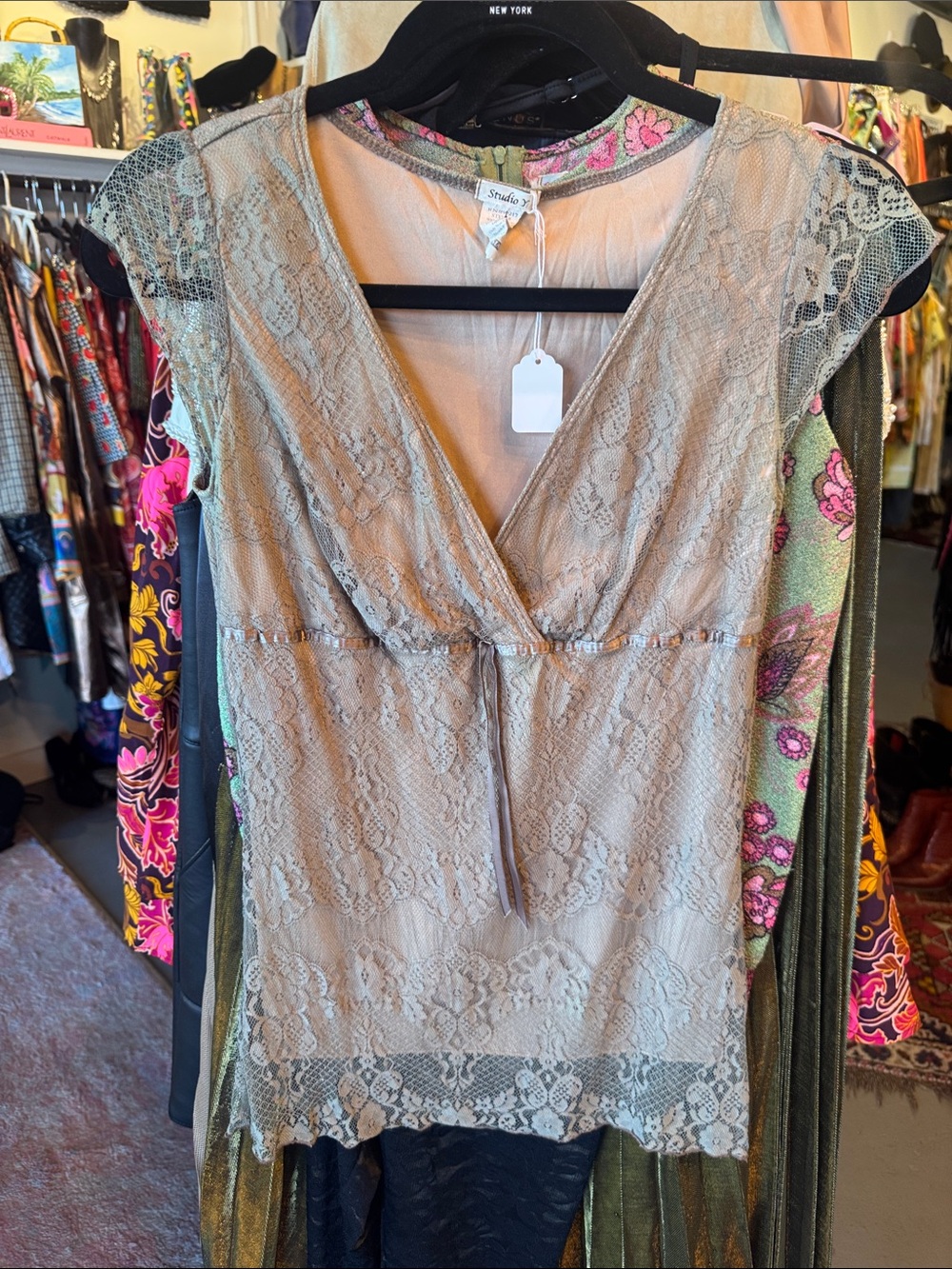 Studio Y Olive Lace Surplice Cap-Sleeve Camisole